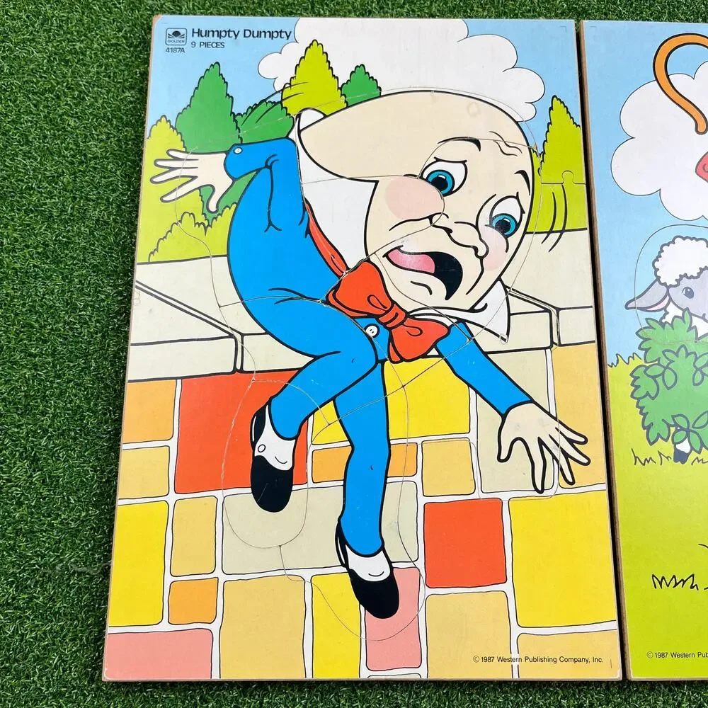 VTG Lot 1987 Wooden Puzzles 9 Pieces Humpty Dumpty Little Bo Peep